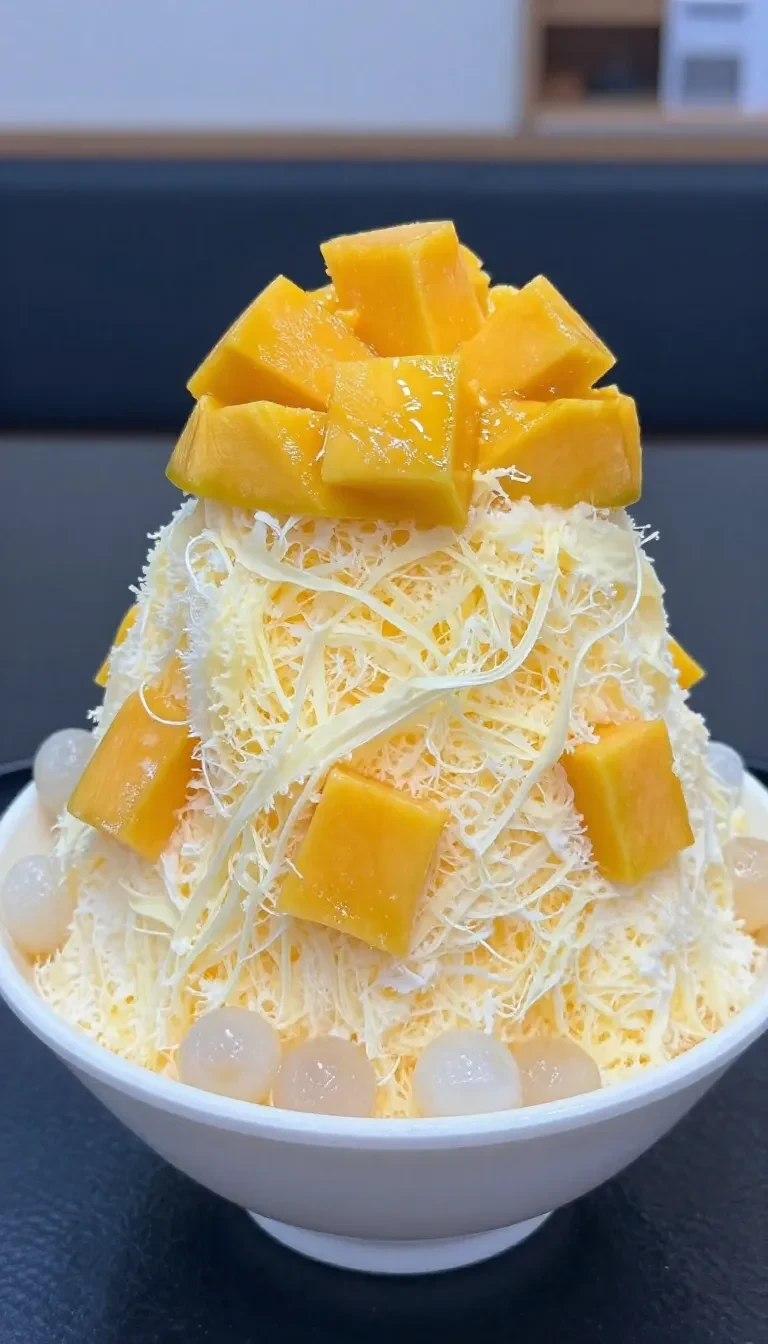 A bowl of Taiwanese mango shave ice topped with fresh mango chunks, mango sauce, and a scoop of ice cream.