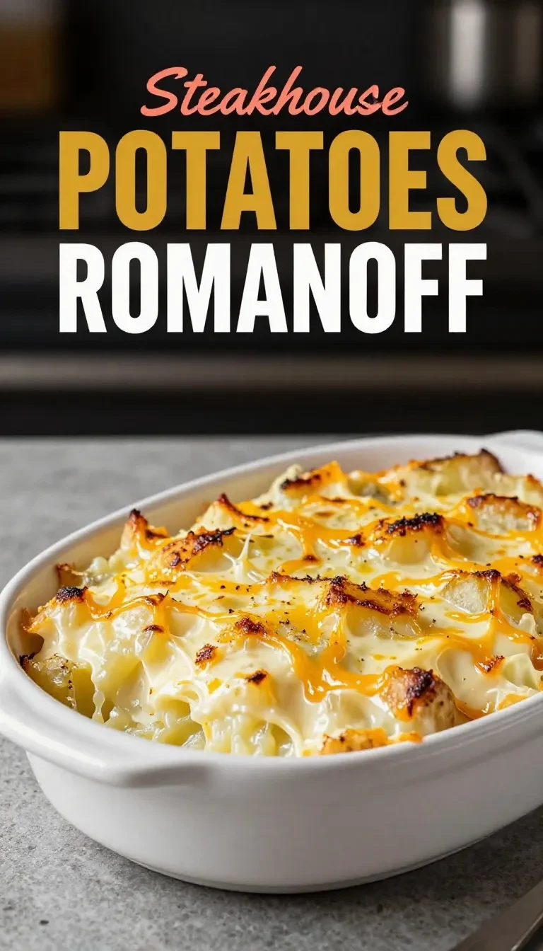 Creamy Steakhouse Potatoes Romanoff baked in a dish with a golden cheese topping and chopped chives