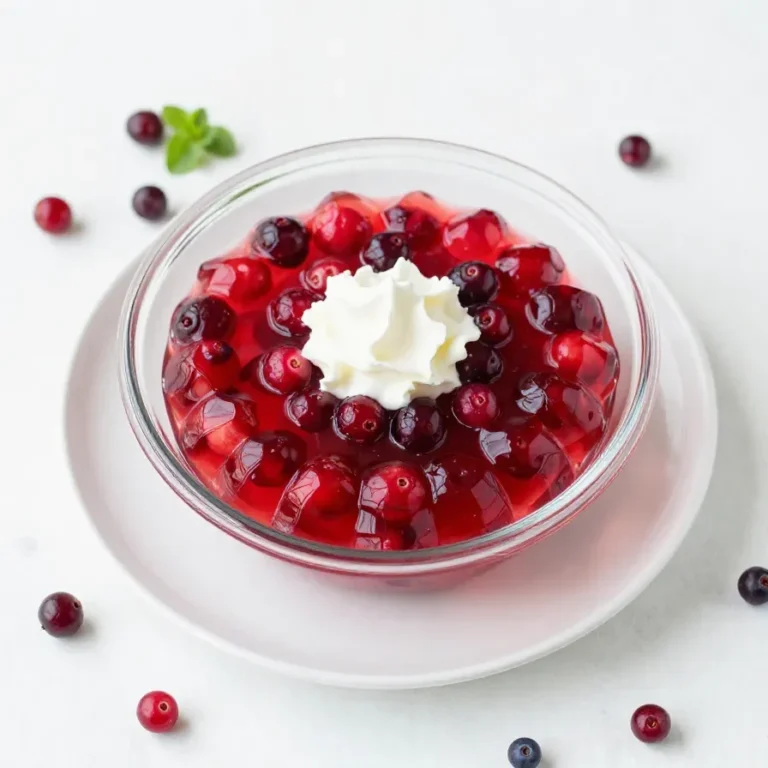 A colorful cranberry Jello salad molded on a serving plate with visible cranberries and fruit pieces.