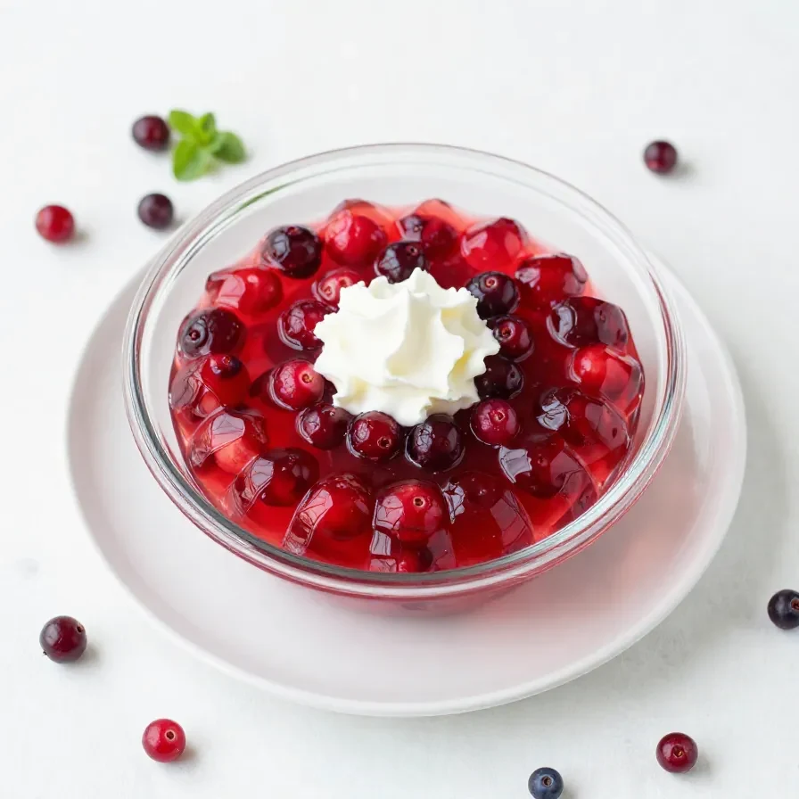 A colorful cranberry Jello salad molded on a serving plate with visible cranberries and fruit pieces.