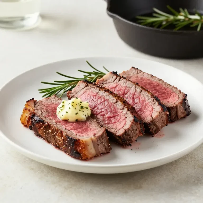 Slow-roasted beef tenderloin sliced on a serving platter with herbs and roasted vegetables