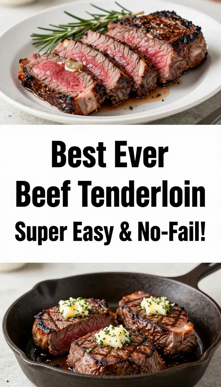 Slow-roasted beef tenderloin sliced on a serving platter with herbs and roasted vegetables