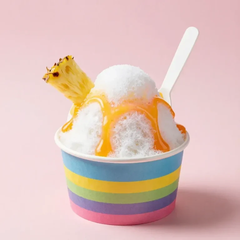 Colorful rainbow shaved ice fruit bar cups topped with fresh fruit pieces in clear dessert cups