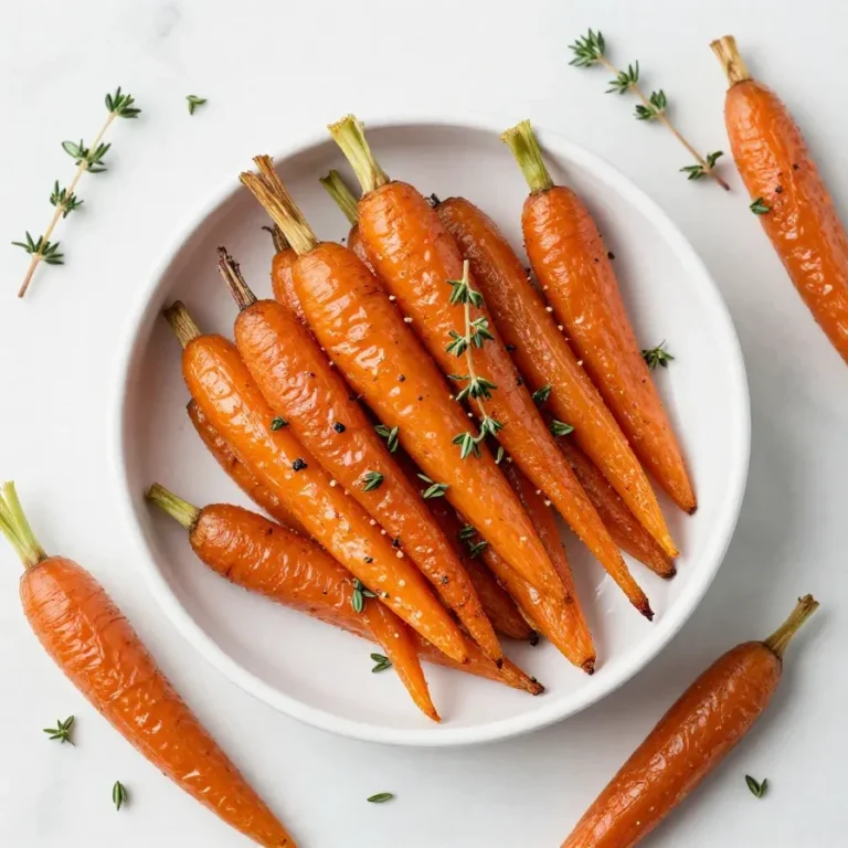 A serving of glossy glazed carrots in a white bowl, garnished with parsley.