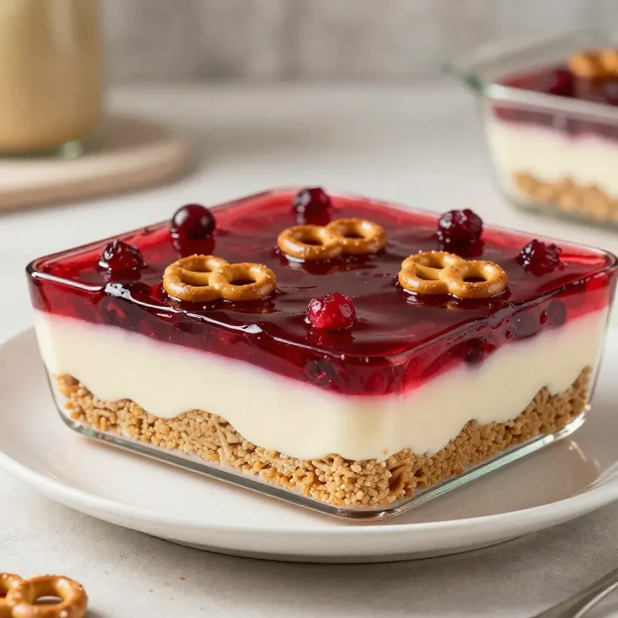 A slice of cranberry pretzel salad with a golden pretzel crust, creamy filling, and glossy cranberry topping on a white plate.