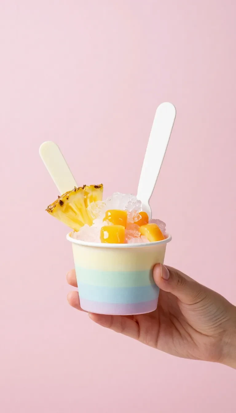 Colorful rainbow shaved ice fruit bar cups topped with fresh fruit pieces in clear dessert cups