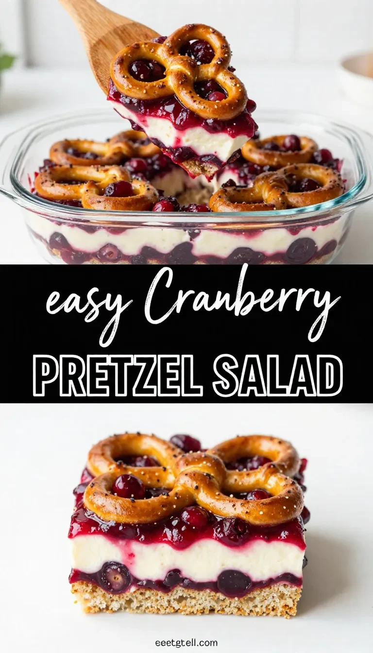 A slice of cranberry pretzel salad with a golden pretzel crust, creamy filling, and glossy cranberry topping on a white plate.