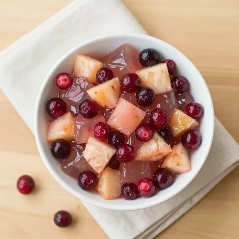 A colorful cranberry pineapple Jello salad served in a clear bowl with whipped topping and visible fruit pieces.
