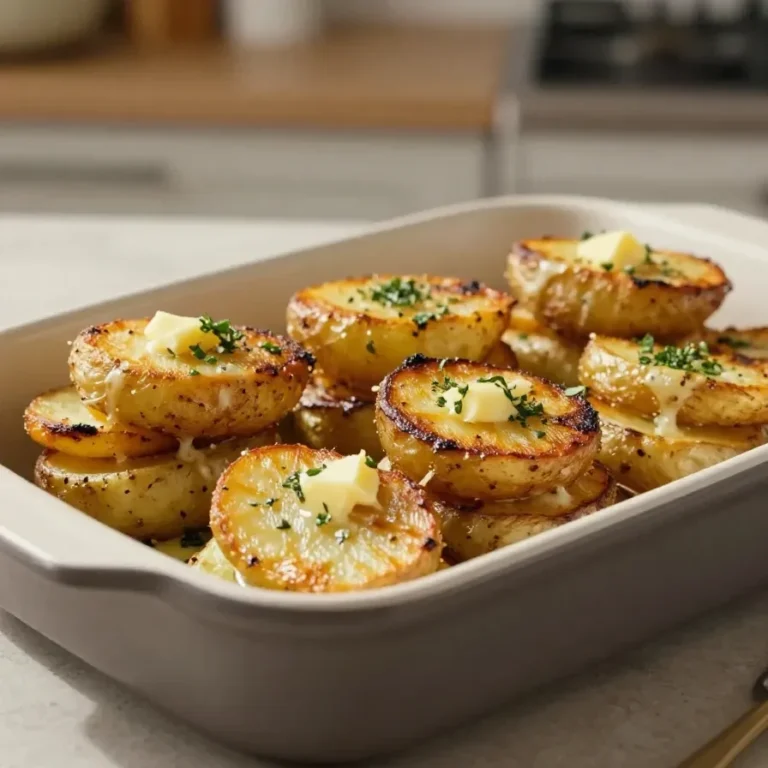 Creamy cheesy scalloped potatoes baked in a golden casserole dish with a bubbly top
