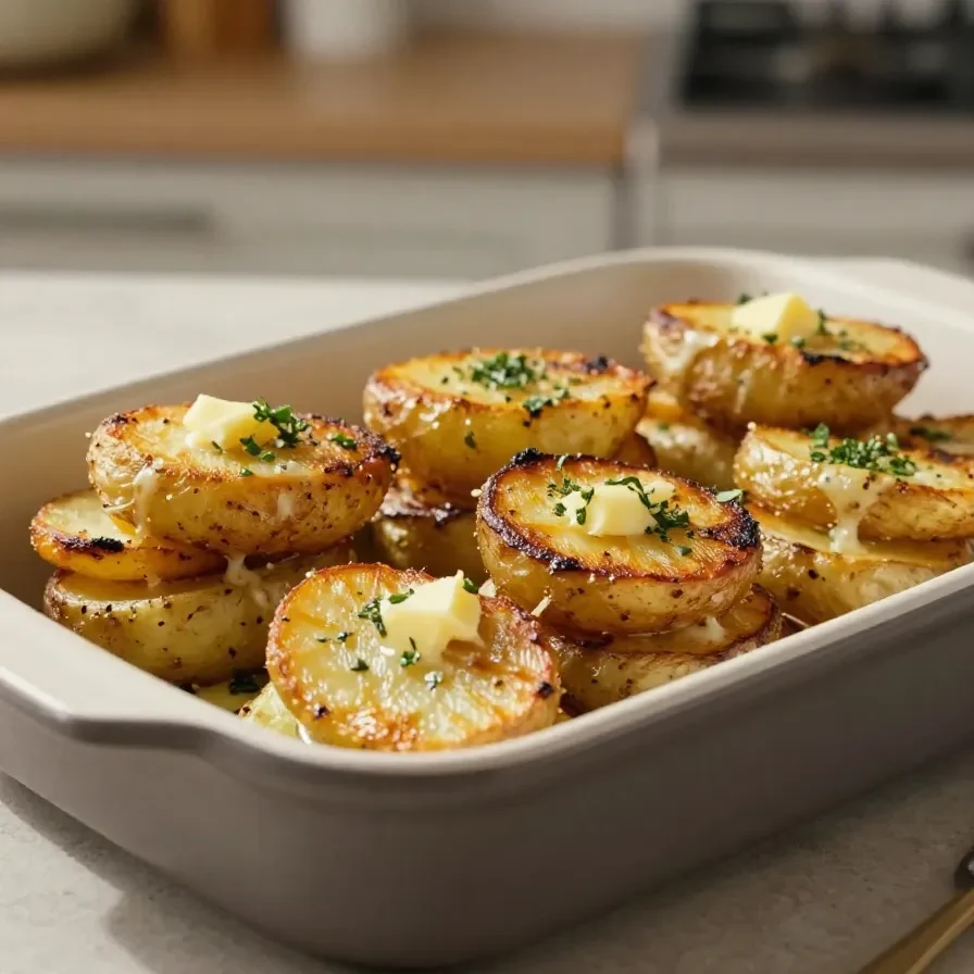 Creamy cheesy scalloped potatoes baked in a golden casserole dish with a bubbly top