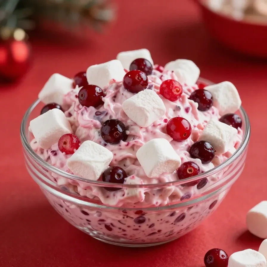 A bowl of fluffy cranberry dessert topped with whipped cream and fresh cranberries