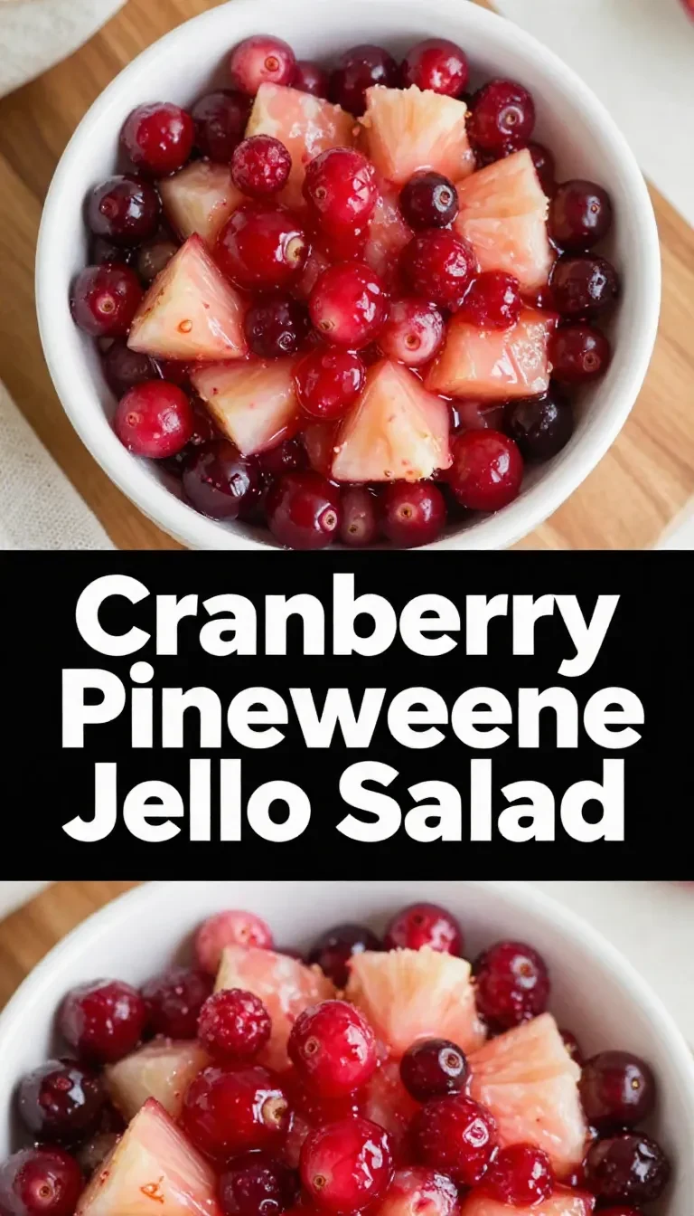 A colorful cranberry pineapple Jello salad served in a clear bowl with whipped topping and visible fruit pieces.