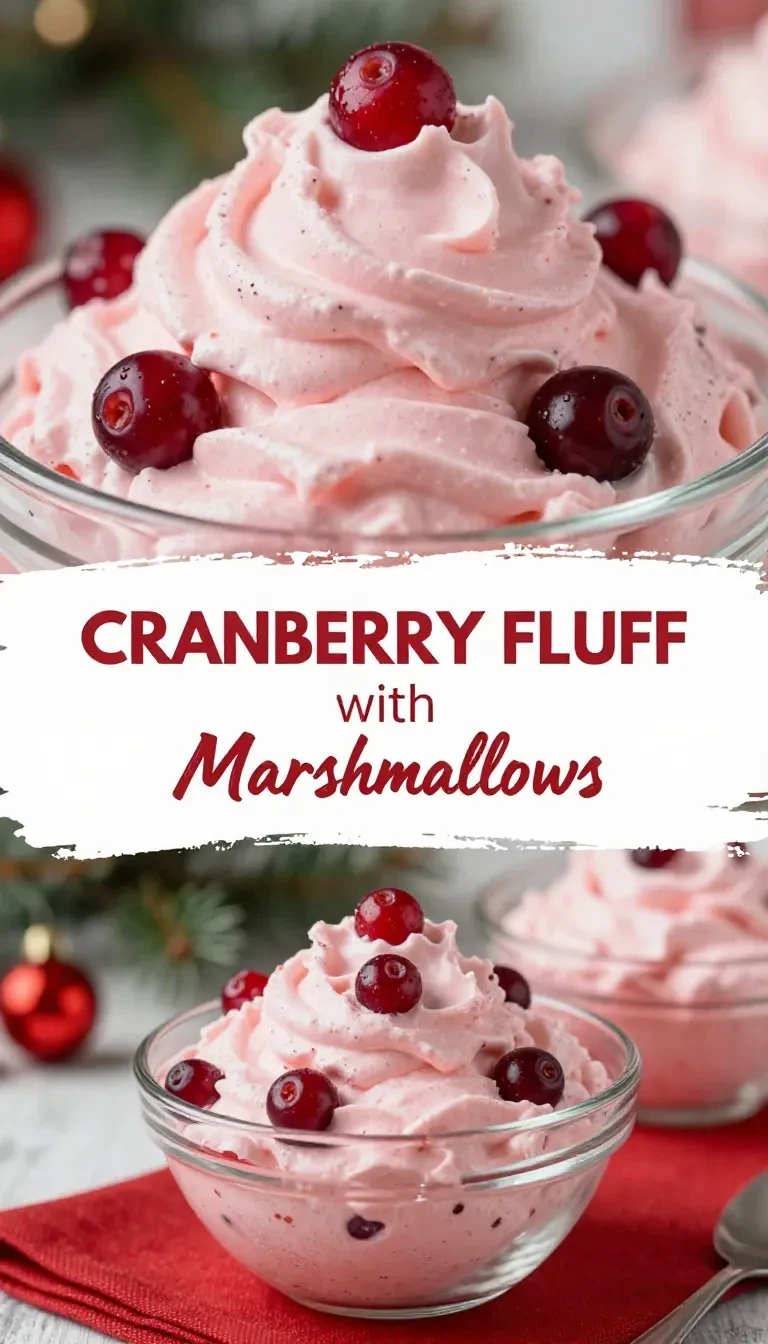 A bowl of fluffy cranberry dessert topped with whipped cream and fresh cranberries