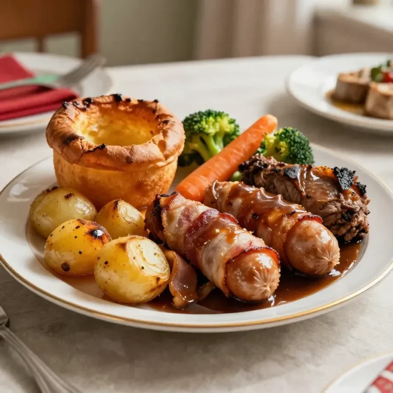 Festive Christmas dinner table with roasted sausages, potatoes, herbs, and holiday decorations