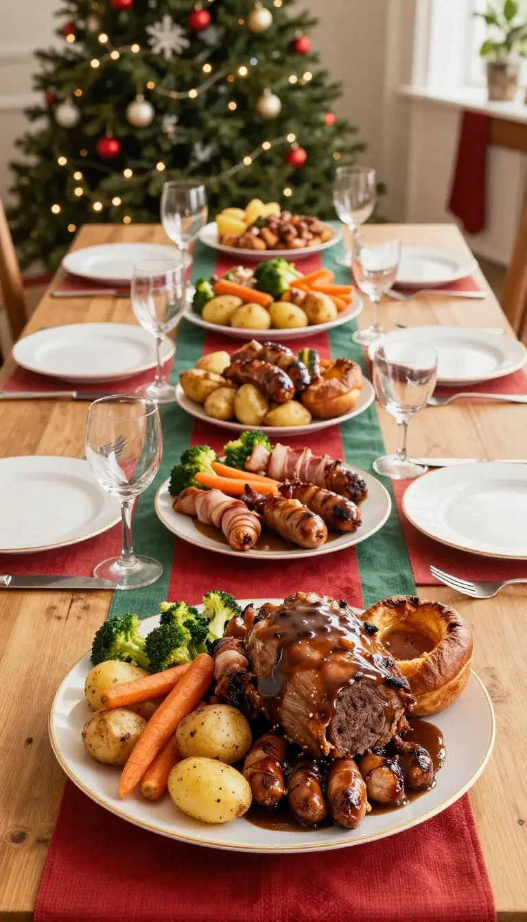 Festive Christmas dinner table with roasted sausages, potatoes, herbs, and holiday decorations