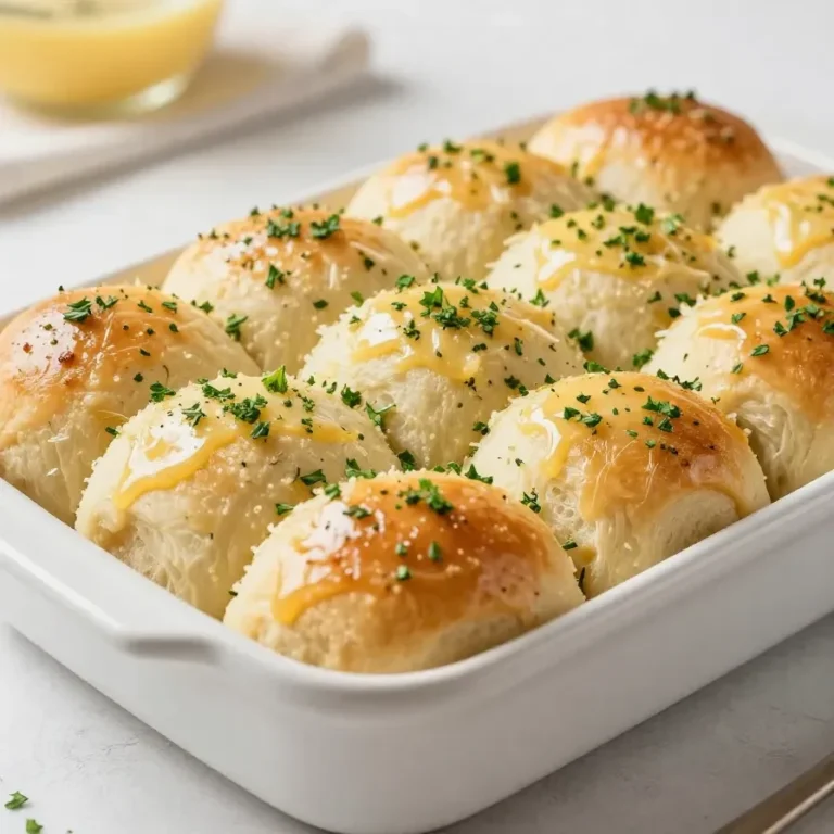 Freshly baked garlic butter dinner rolls brushed with melted butter and sprinkled with herbs on a serving plate