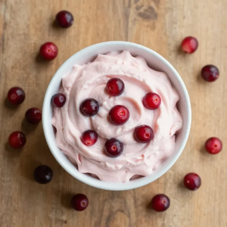 A bowl of creamy cranberry fluff topped with whipped topping and a sprinkle of chopped nuts.