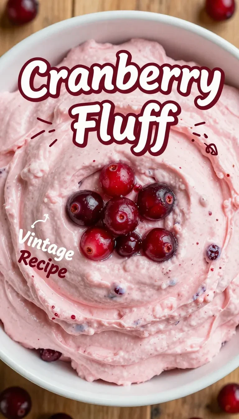 A bowl of creamy cranberry fluff topped with whipped topping and a sprinkle of chopped nuts.