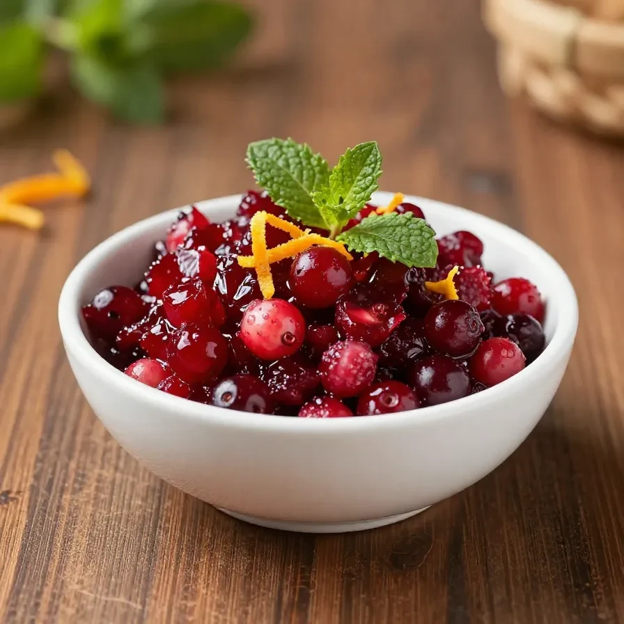 A bowl of homemade cranberry relish with bright red cranberries and orange pieces on a white table.