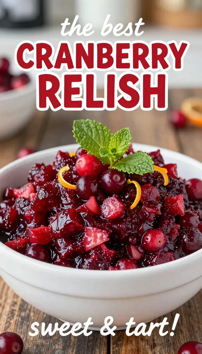 A bowl of homemade cranberry relish with bright red cranberries and orange pieces on a white table.