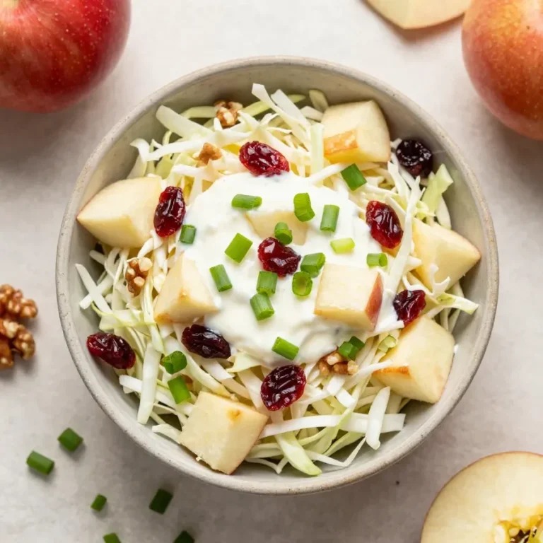 A bowl of apple cranberry coleslaw with shredded cabbage, crisp apple slices, dried cranberries, and creamy dressing.