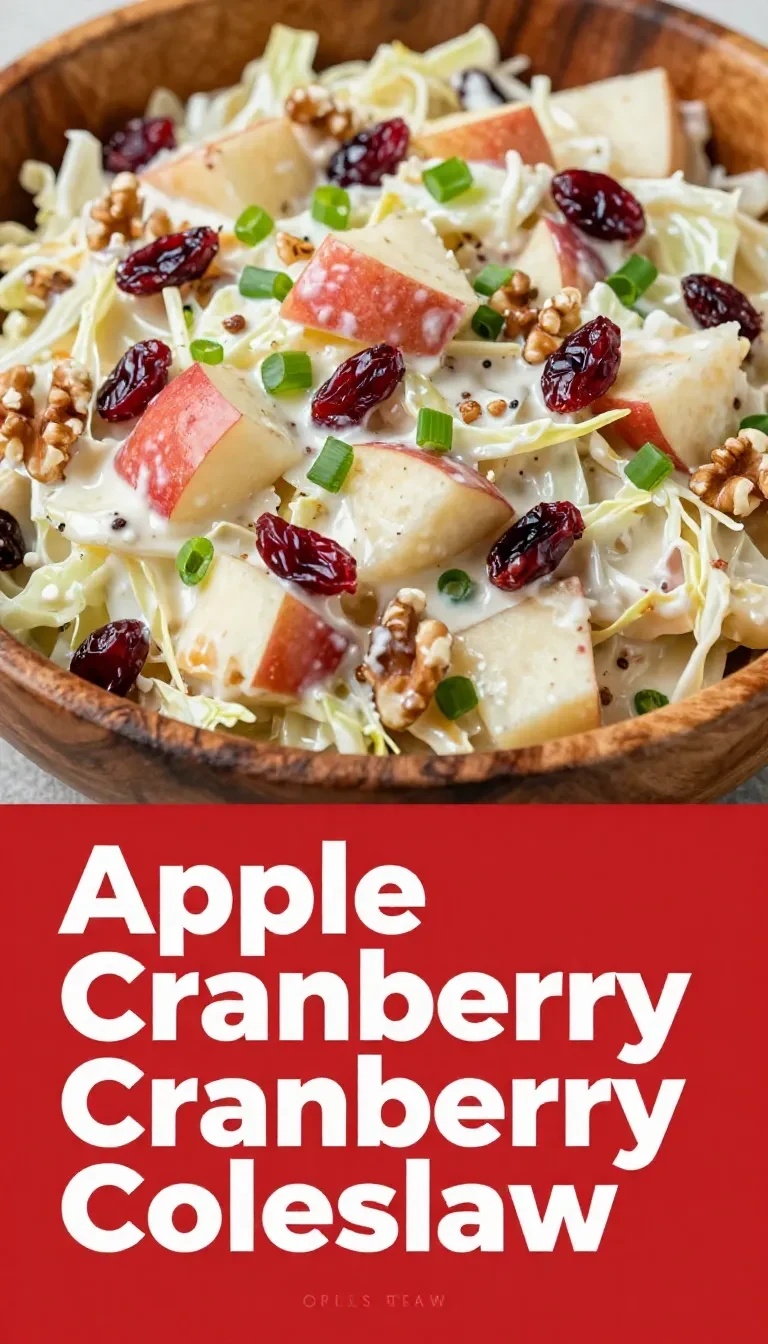 A bowl of apple cranberry coleslaw with shredded cabbage, crisp apple slices, dried cranberries, and creamy dressing.