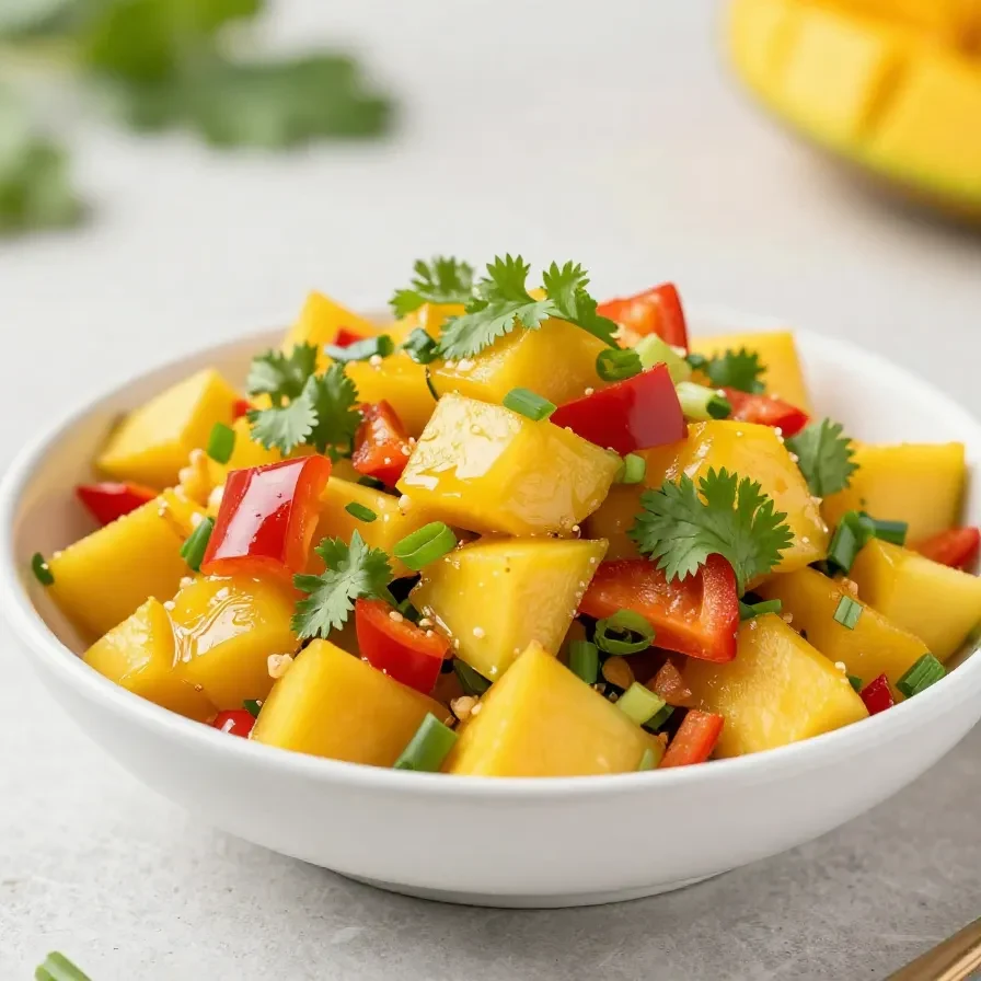 A colorful bowl of fresh mango salsa with diced mango, red onion, cilantro, and lime on a wooden table.