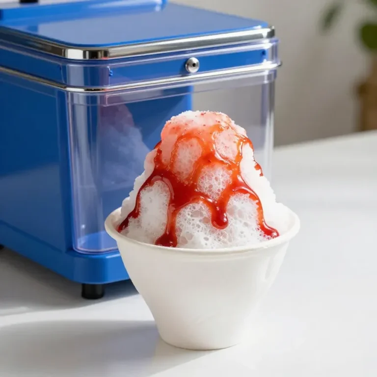 Colorful snow cone syrup bottles arranged beside a stack of shaved ice cones