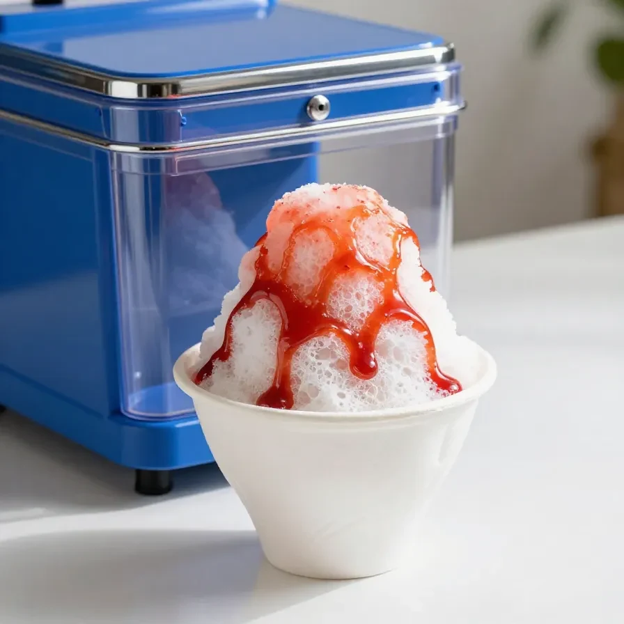 Colorful snow cone syrup bottles arranged beside a stack of shaved ice cones