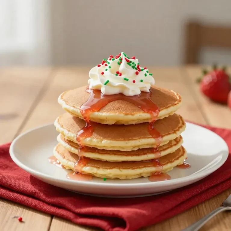 Stack of festive Christmas snowman pancakes topped with whipped cream, strawberry hats, and chocolate chip eyes on a holiday plate