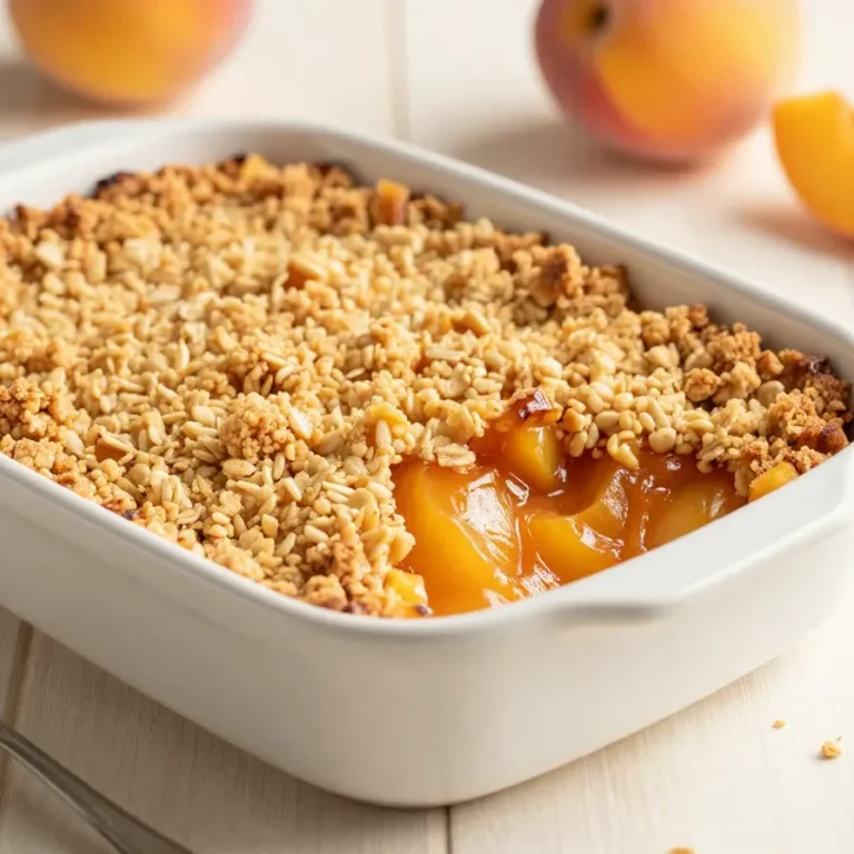 A baked peach crisp topped with golden oat crumble, served in a white dish.