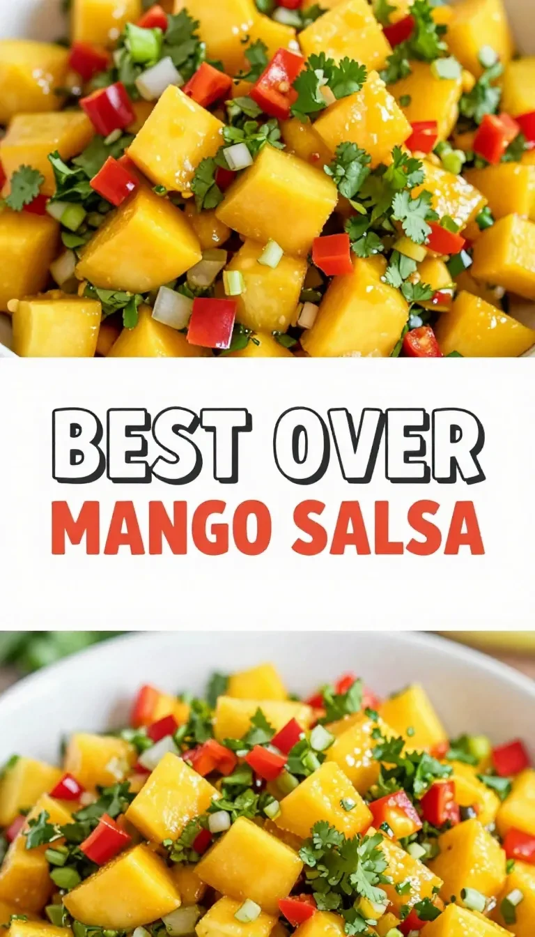 A colorful bowl of fresh mango salsa with diced mango, red onion, cilantro, and lime on a wooden table.