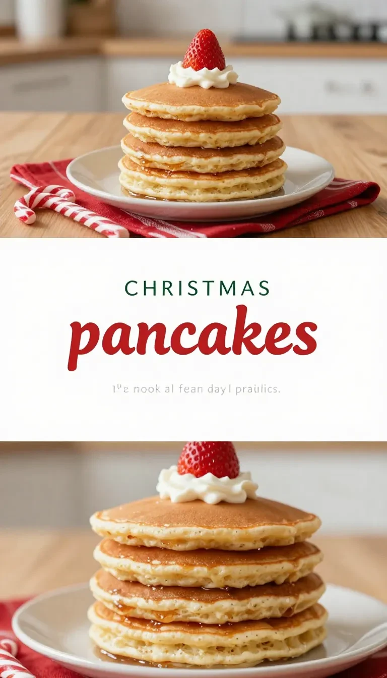 Stack of festive Christmas snowman pancakes topped with whipped cream, strawberry hats, and chocolate chip eyes on a holiday plate
