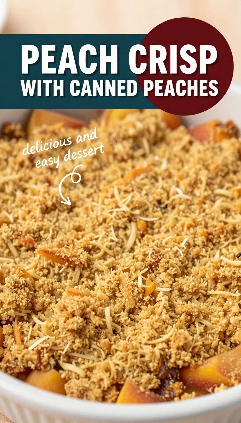 A baked peach crisp topped with golden oat crumble, served in a white dish.