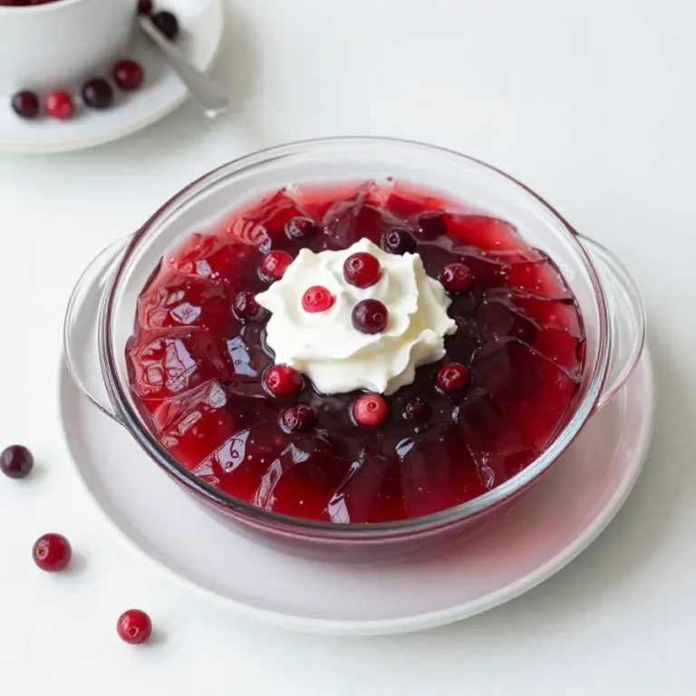 A bowl of cranberry Jello salad with visible cranberries, fruit pieces, and a glossy red gelatin texture.