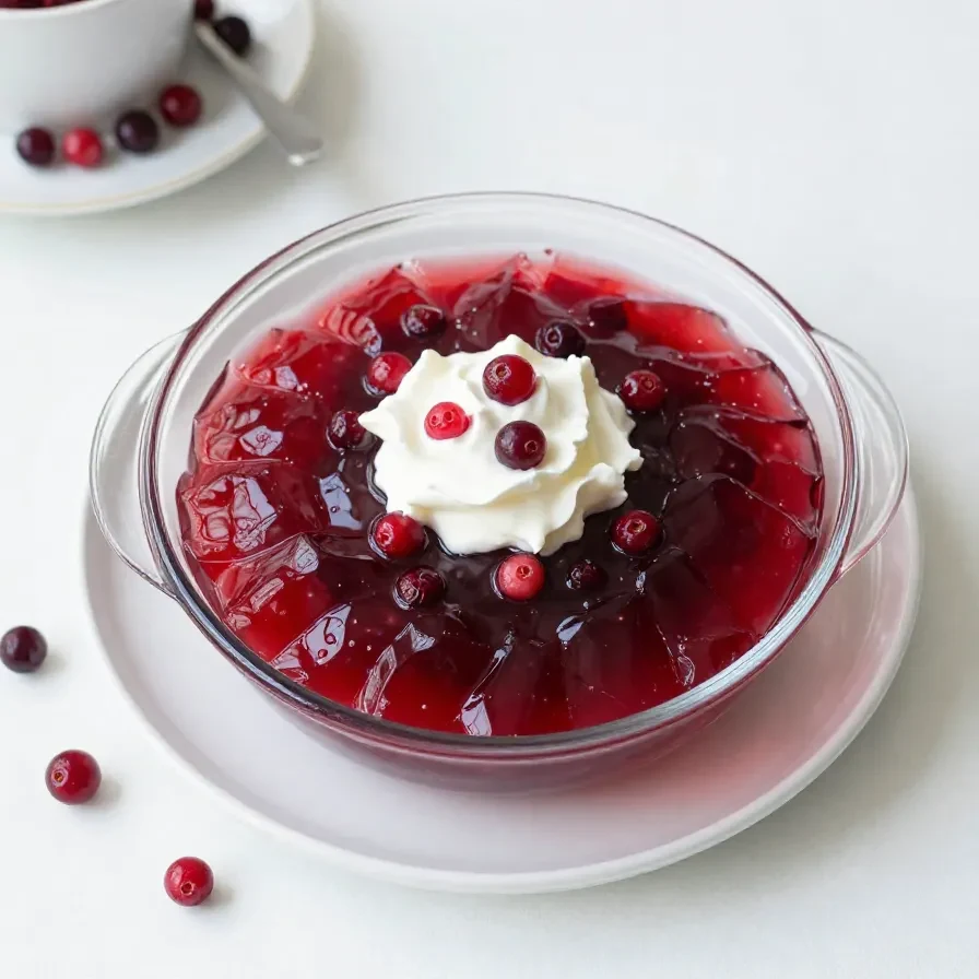A bowl of cranberry Jello salad with visible cranberries, fruit pieces, and a glossy red gelatin texture.