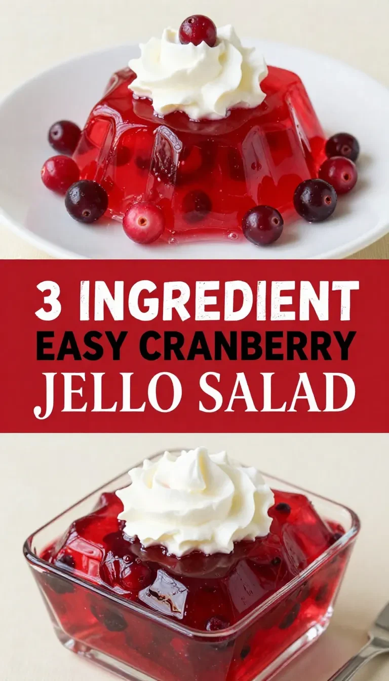 A bowl of cranberry Jello salad with visible cranberries, fruit pieces, and a glossy red gelatin texture.