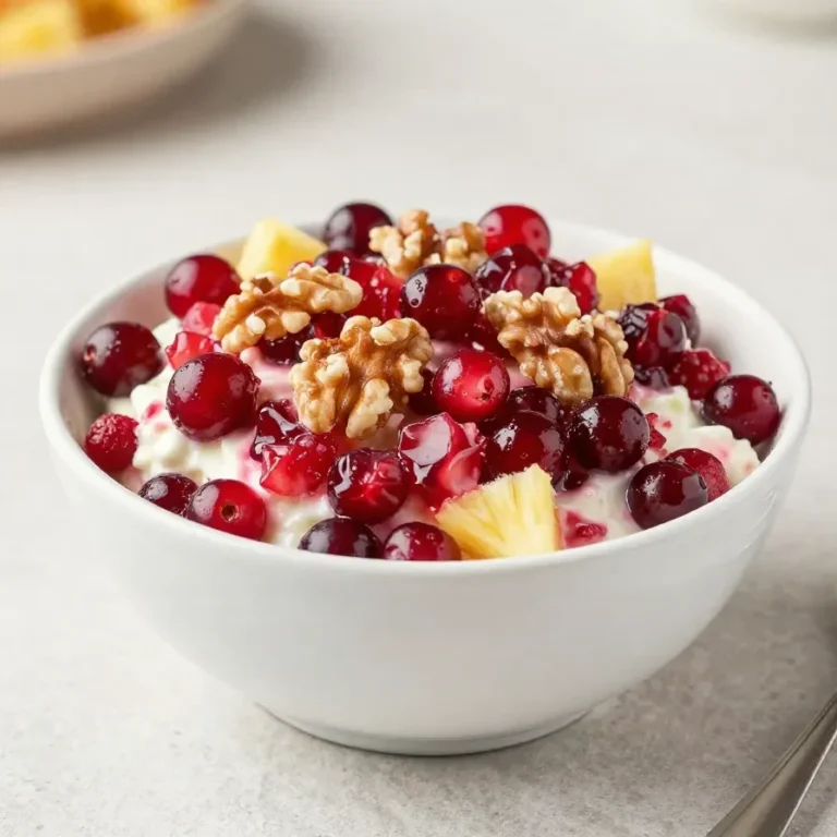 A bowl of cranberry Jello salad with fruit pieces and a glossy red gelatin texture served on a table.