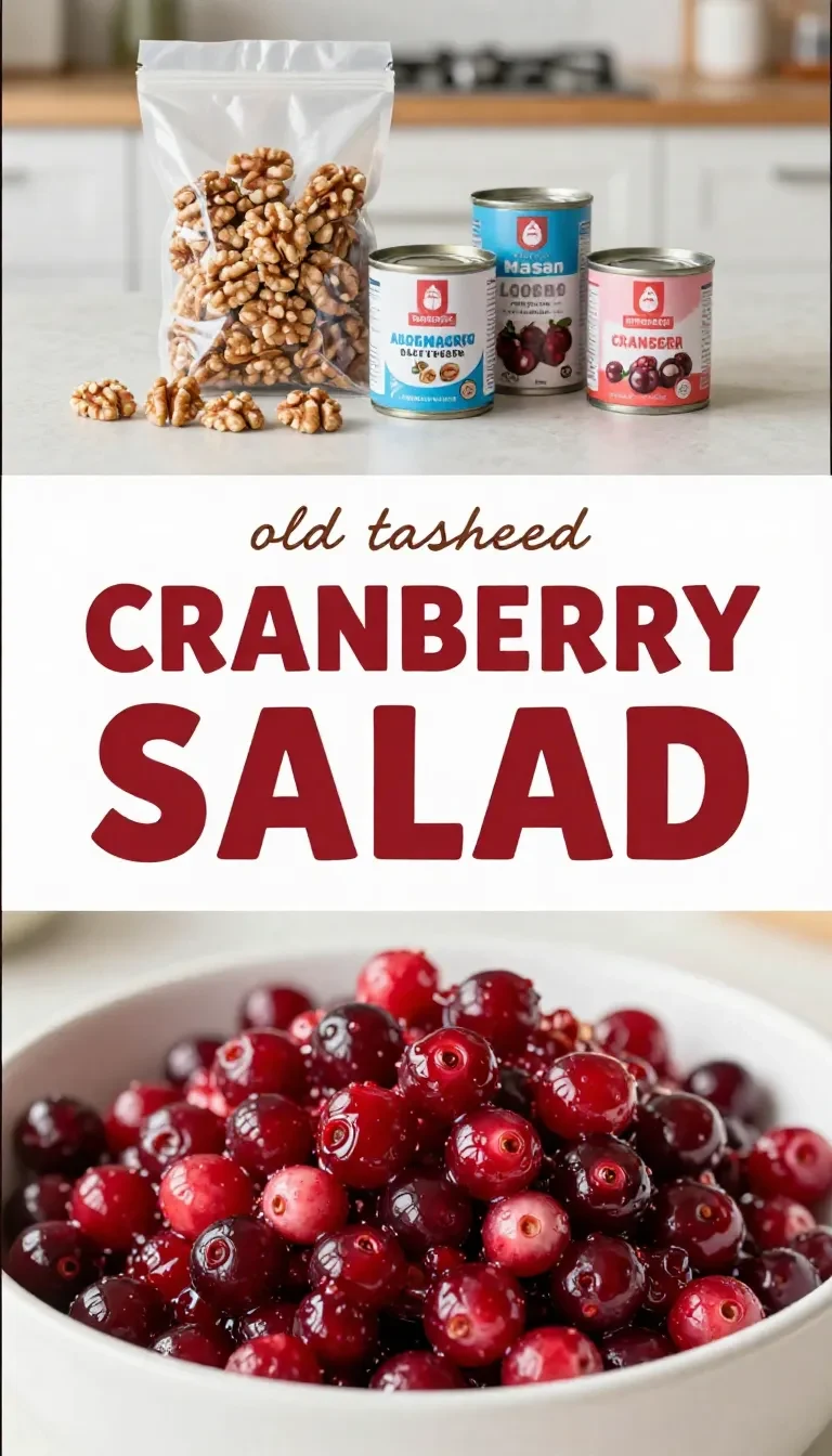 A bowl of cranberry Jello salad with fruit pieces and a glossy red gelatin texture served on a table.