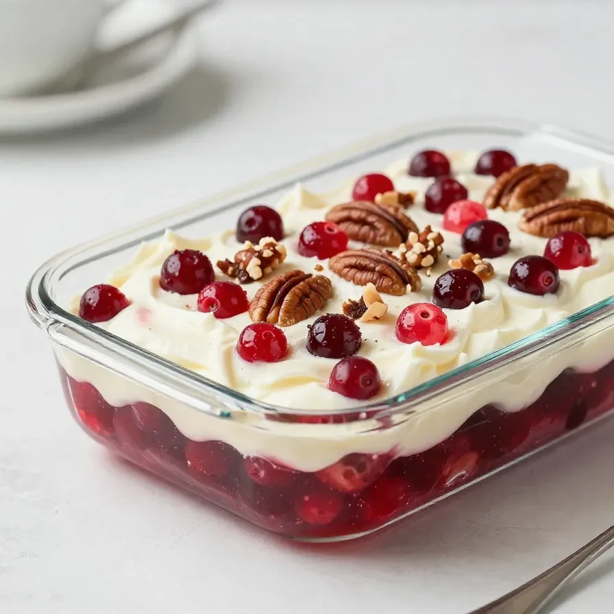 A layered cranberry salad topped with a creamy cream cheese layer and a bright cranberry garnish on a white serving dish