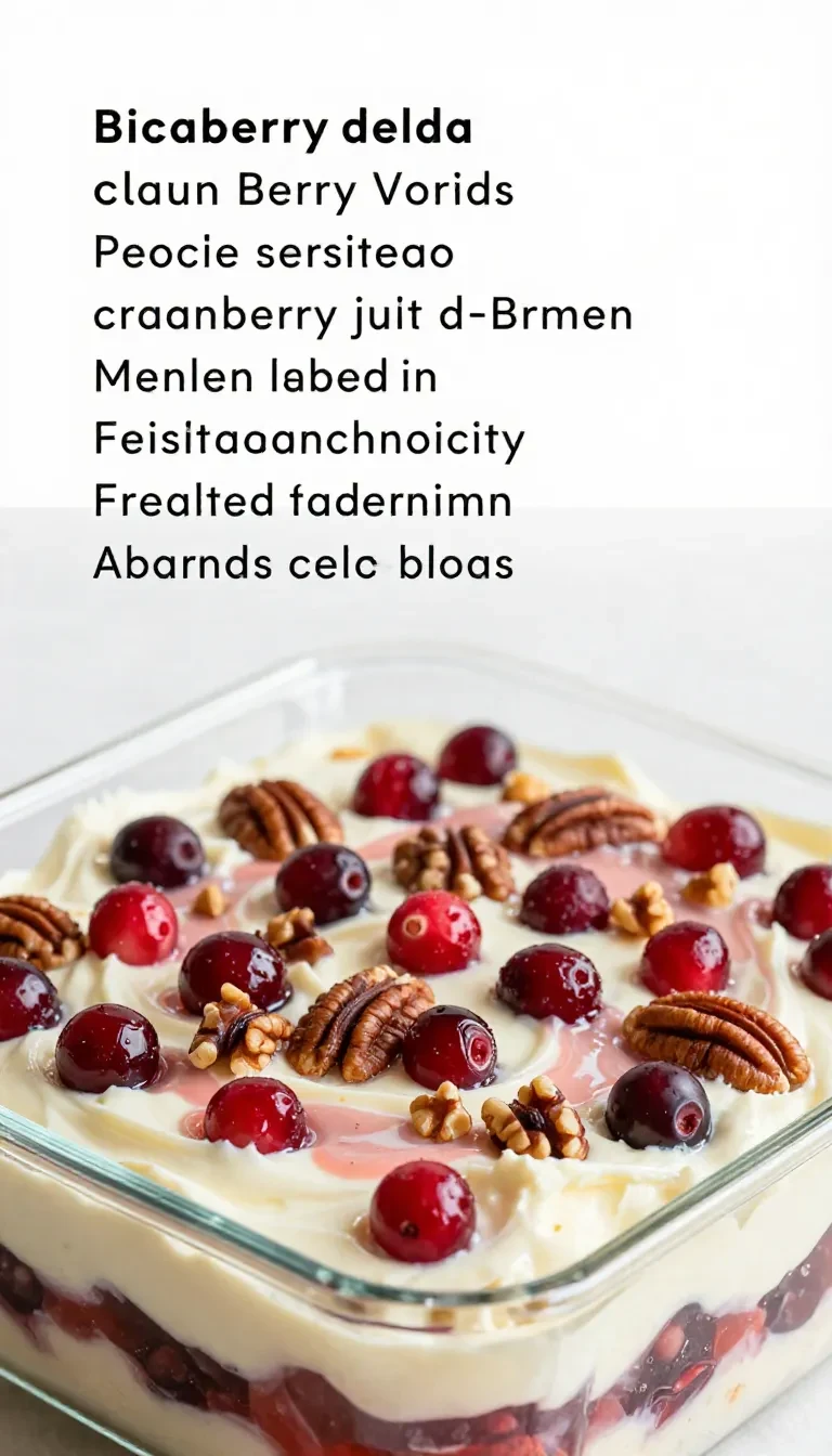 A layered cranberry salad topped with a creamy cream cheese layer and a bright cranberry garnish on a white serving dish