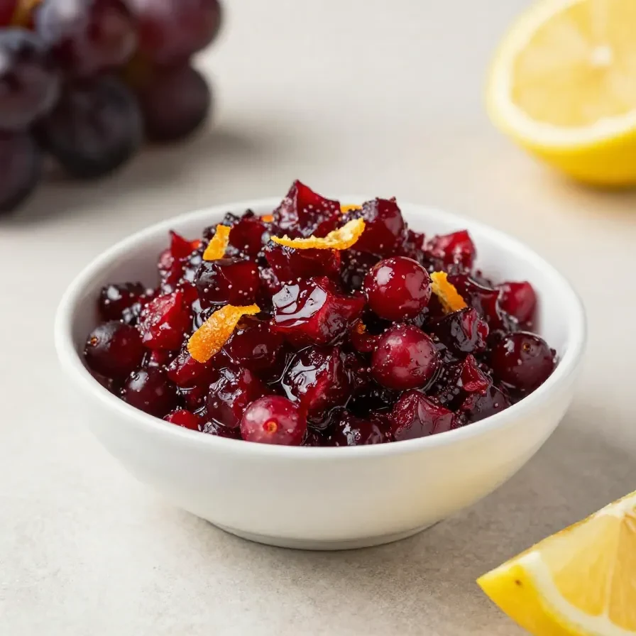 A bowl of bright red cranberry orange relish with visible orange zest on a table