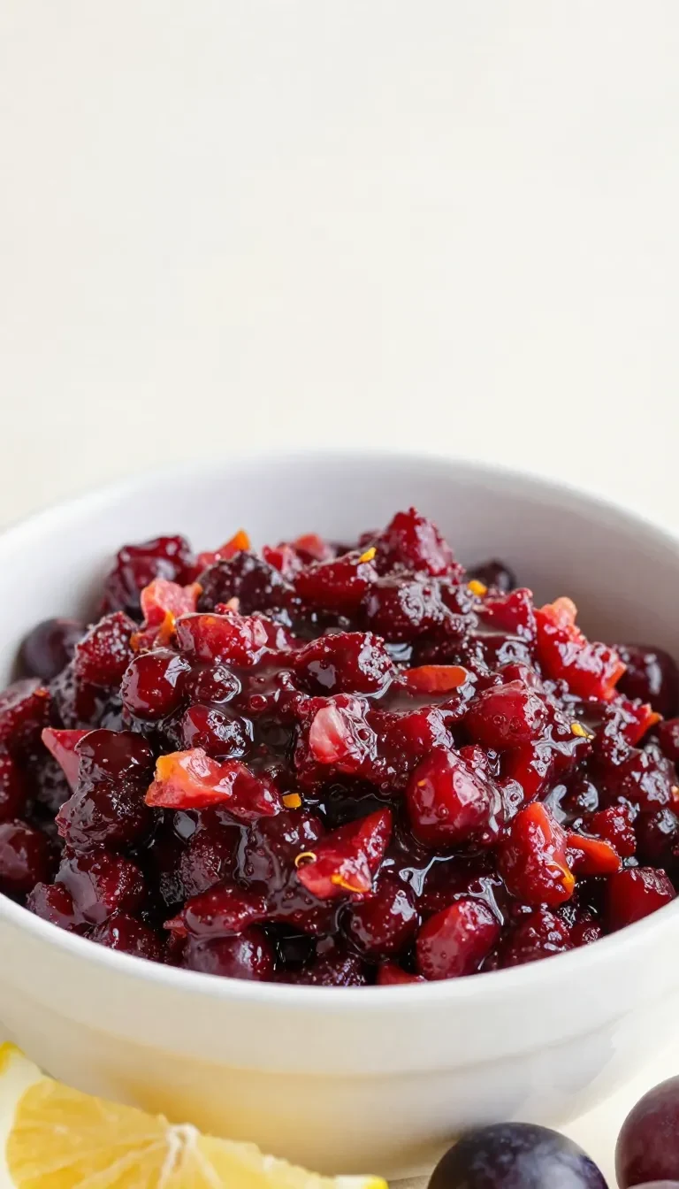 A bowl of bright red cranberry orange relish with visible orange zest on a table