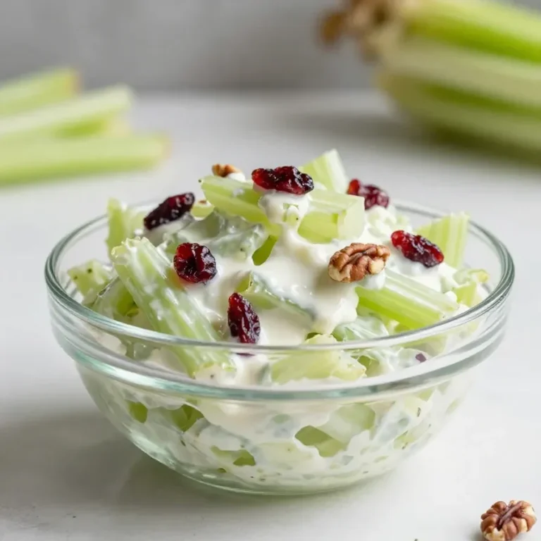A simple celery salad served in a white bowl with sliced celery, fresh herbs, and a light dressing.