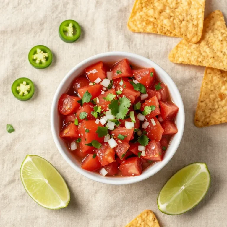 A bowl of homemade salsa made with fresh tomatoes, onions, cilantro, lime, and jalapeños.