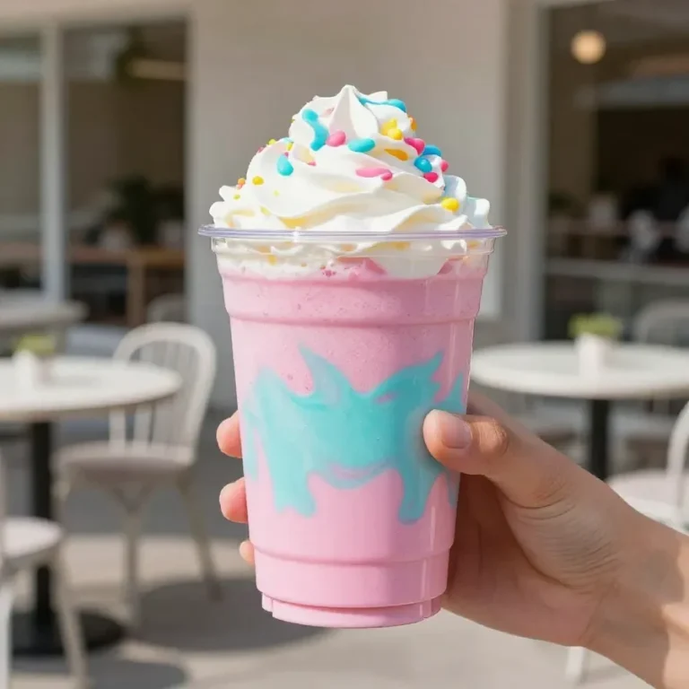A colorful homemade Unicorn Frappuccino topped with whipped cream, pink and blue swirls, and sprinkles in a clear glass.