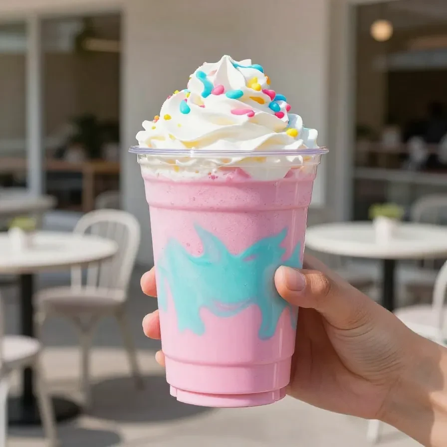A colorful homemade Unicorn Frappuccino topped with whipped cream, pink and blue swirls, and sprinkles in a clear glass.