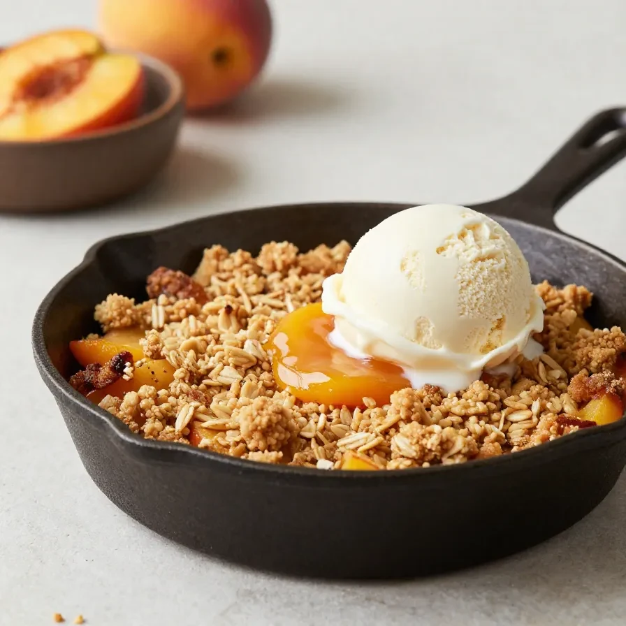 A gluten-free vegan peach crisp served in a white baking dish with golden oat topping and fresh peach slices.