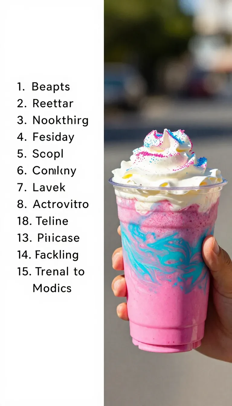 A colorful homemade Unicorn Frappuccino topped with whipped cream, pink and blue swirls, and sprinkles in a clear glass.