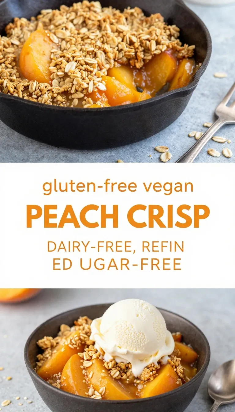 A gluten-free vegan peach crisp served in a white baking dish with golden oat topping and fresh peach slices.